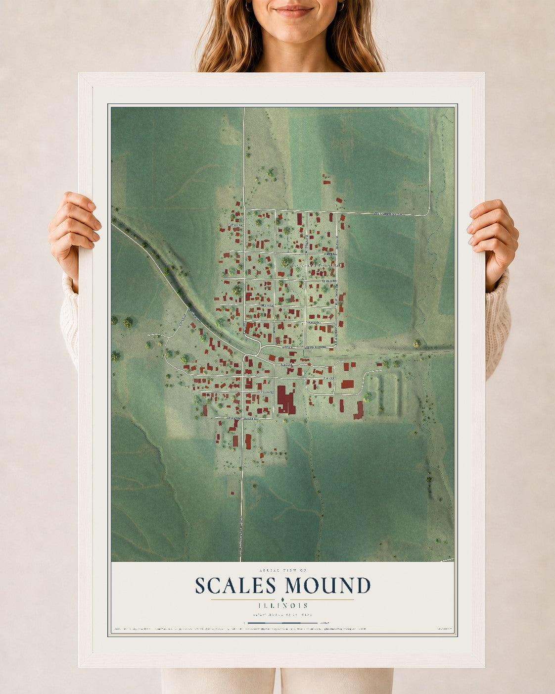 Map of Scales Mound, Illinois, 24 x 36 inch print in a white wood frame