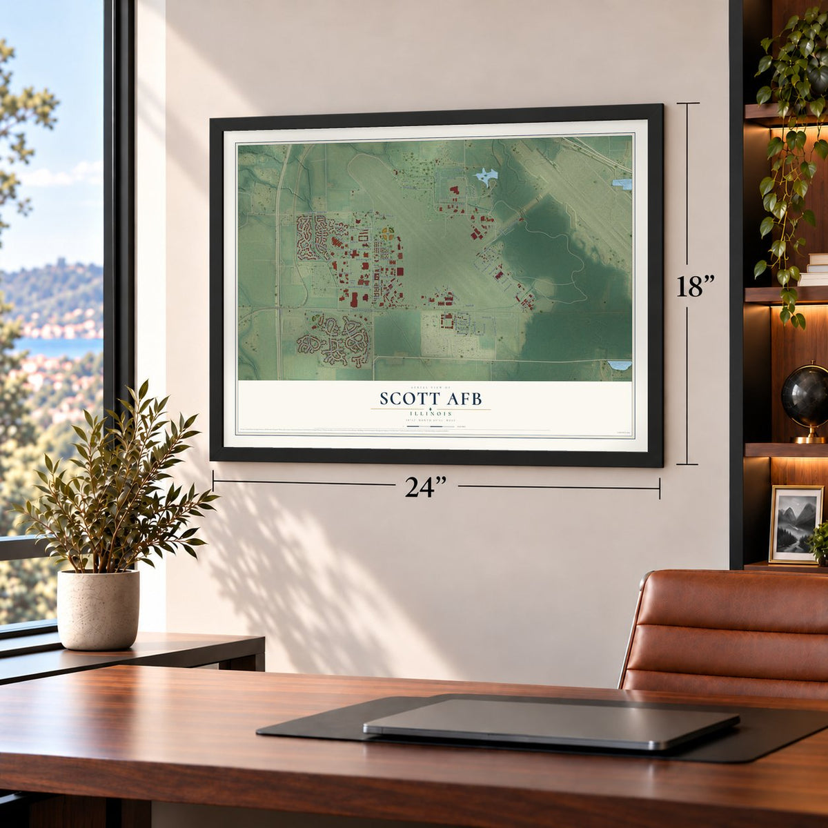 Scott AFB, Illinois map, 18 x 24 inch print in a black frame in a home office