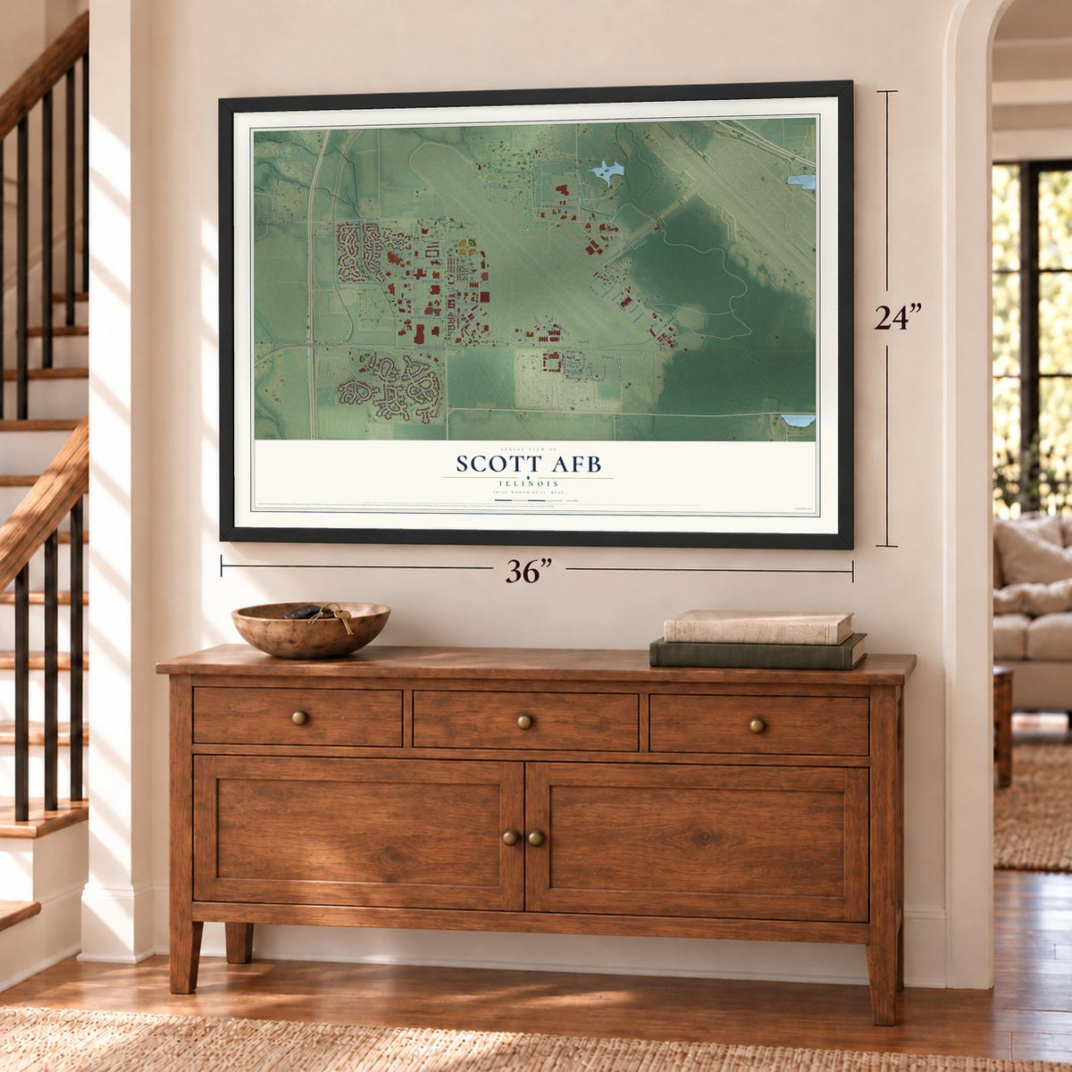 Scott AFB, Illinois map, 24 x 36 inch print in a black frame above a dresser by a staircase