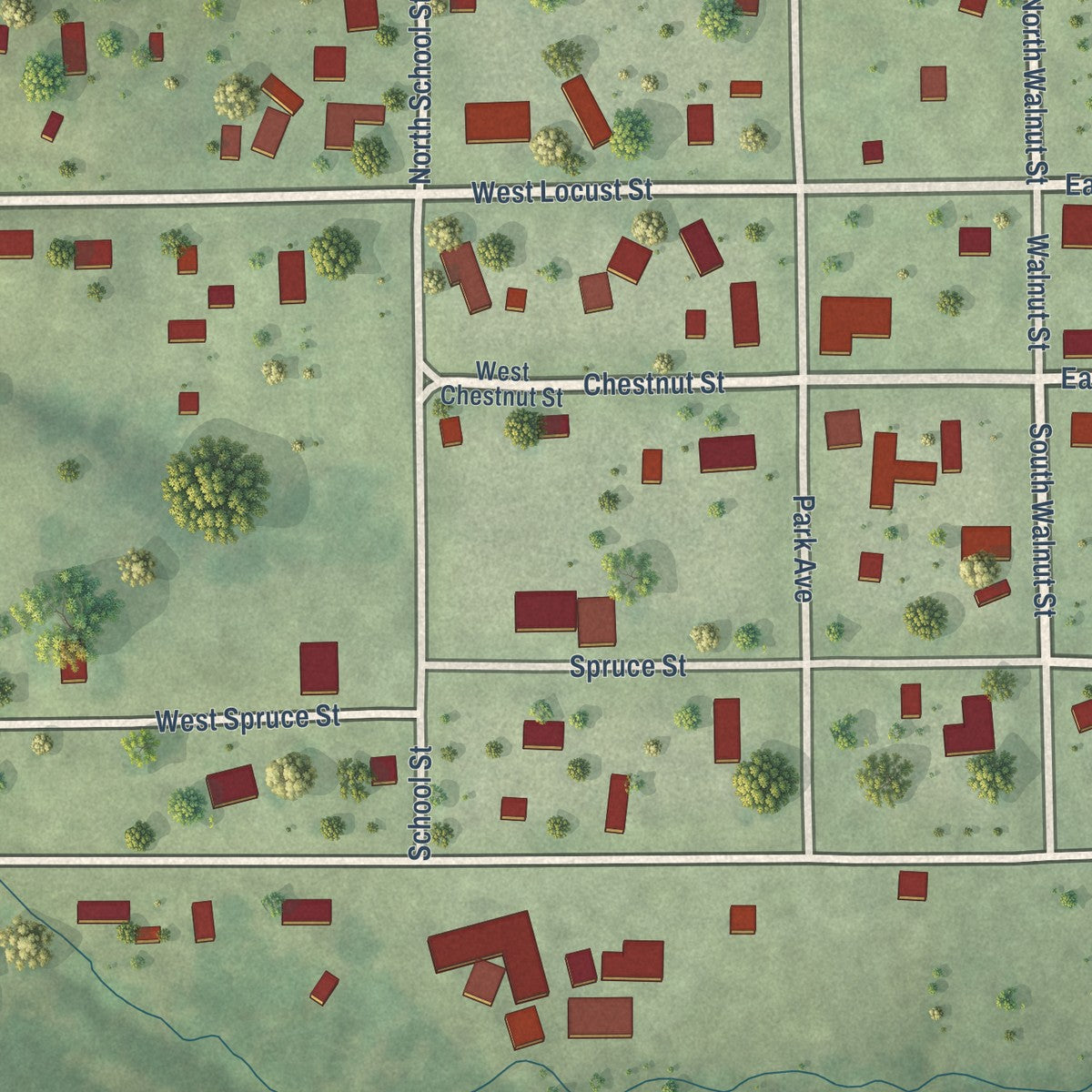Close-up of the map of Scottville, Illinois print showing street and building detail