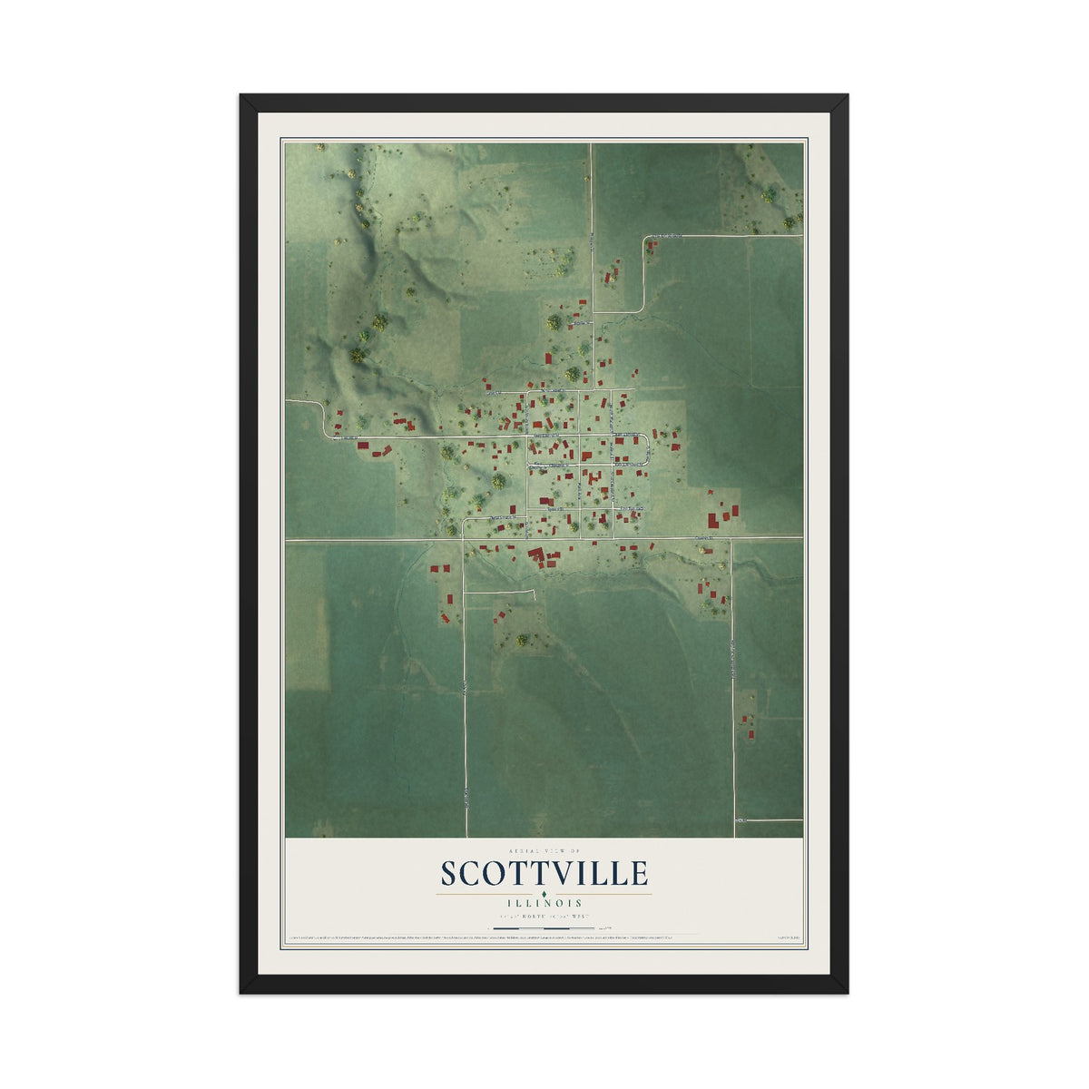 Map of Scottville, Illinois, 12 x 18 inch print in a black wood frame