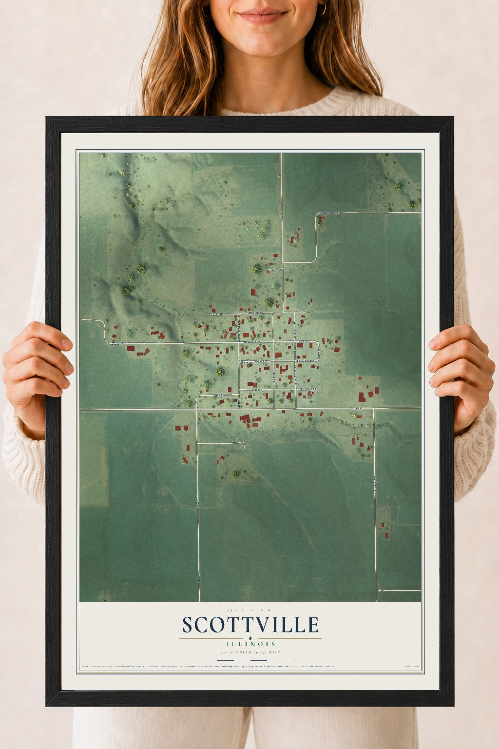 Map of Scottville, Illinois, 18 x 24 inch print in a black wood frame