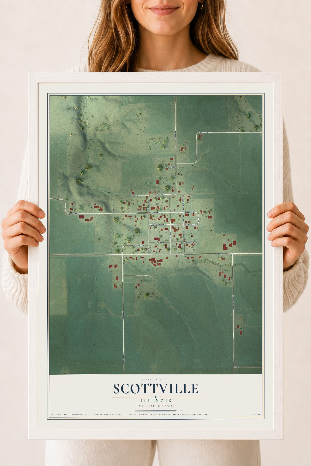 Map of Scottville, Illinois, 18 x 24 inch print in a white wood frame