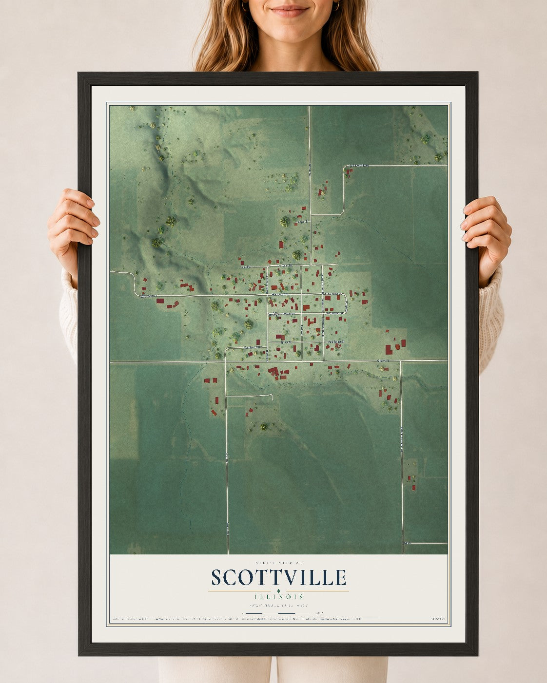 Map of Scottville, Illinois, 24 x 36 inch print in a black wood frame