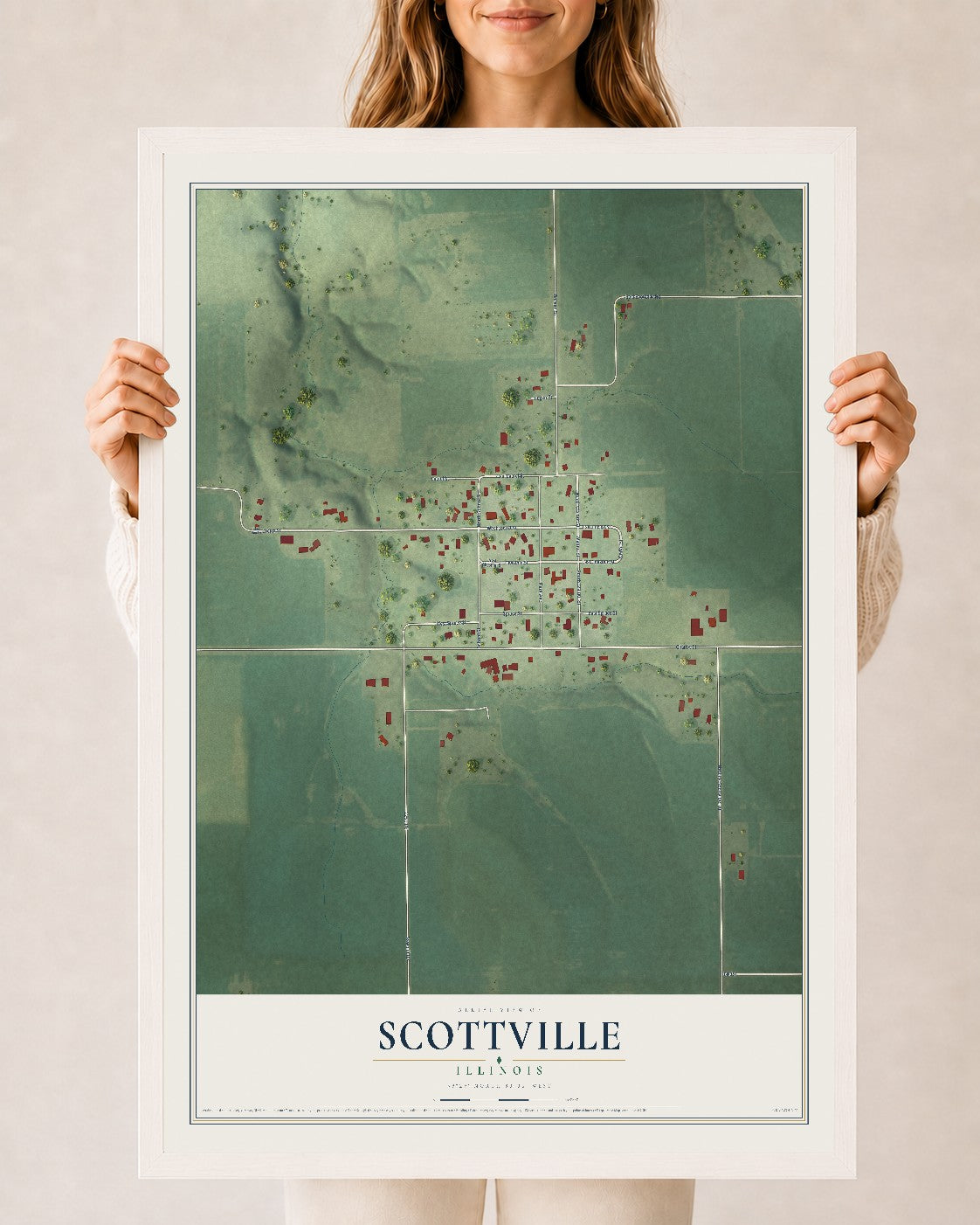 Map of Scottville, Illinois, 24 x 36 inch print in a white wood frame