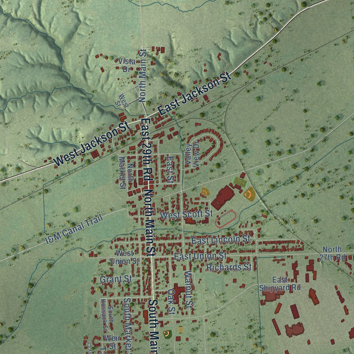 Close-up of the map of Seneca, Illinois print showing street and building detail