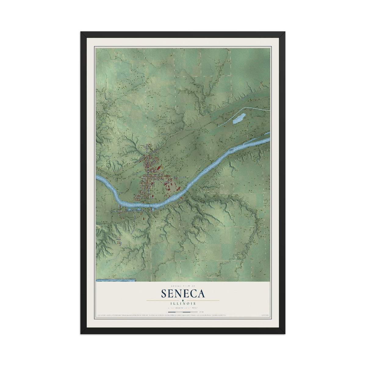 Map of Seneca, Illinois, 12 x 18 inch print in a black wood frame