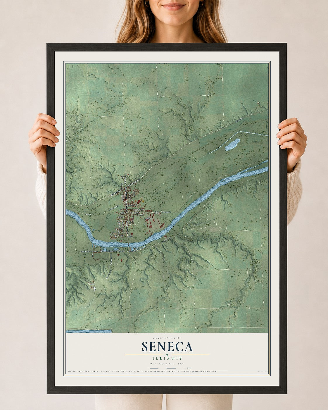Map of Seneca, Illinois, 24 x 36 inch print in a black wood frame