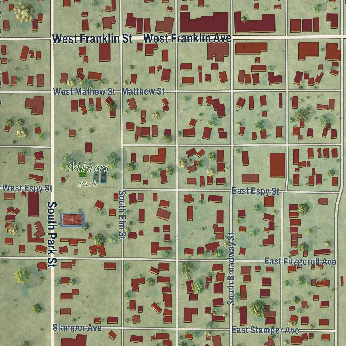 Close-up of the map of Sesser, Illinois print showing street and building detail