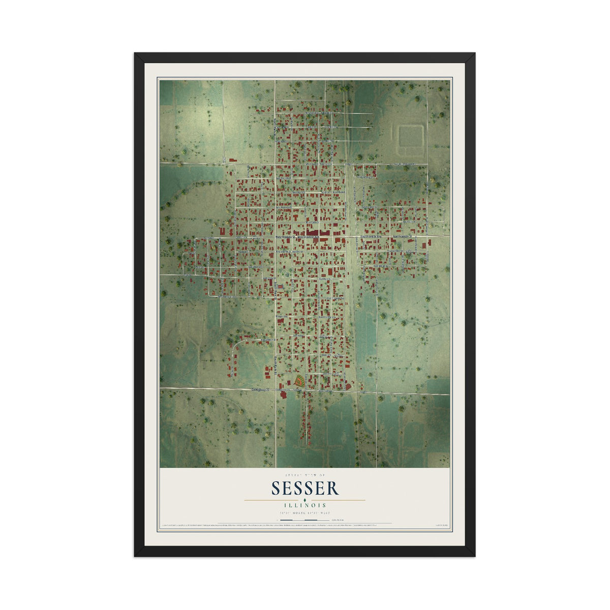 Map of Sesser, Illinois, 12 x 18 inch print in a black wood frame