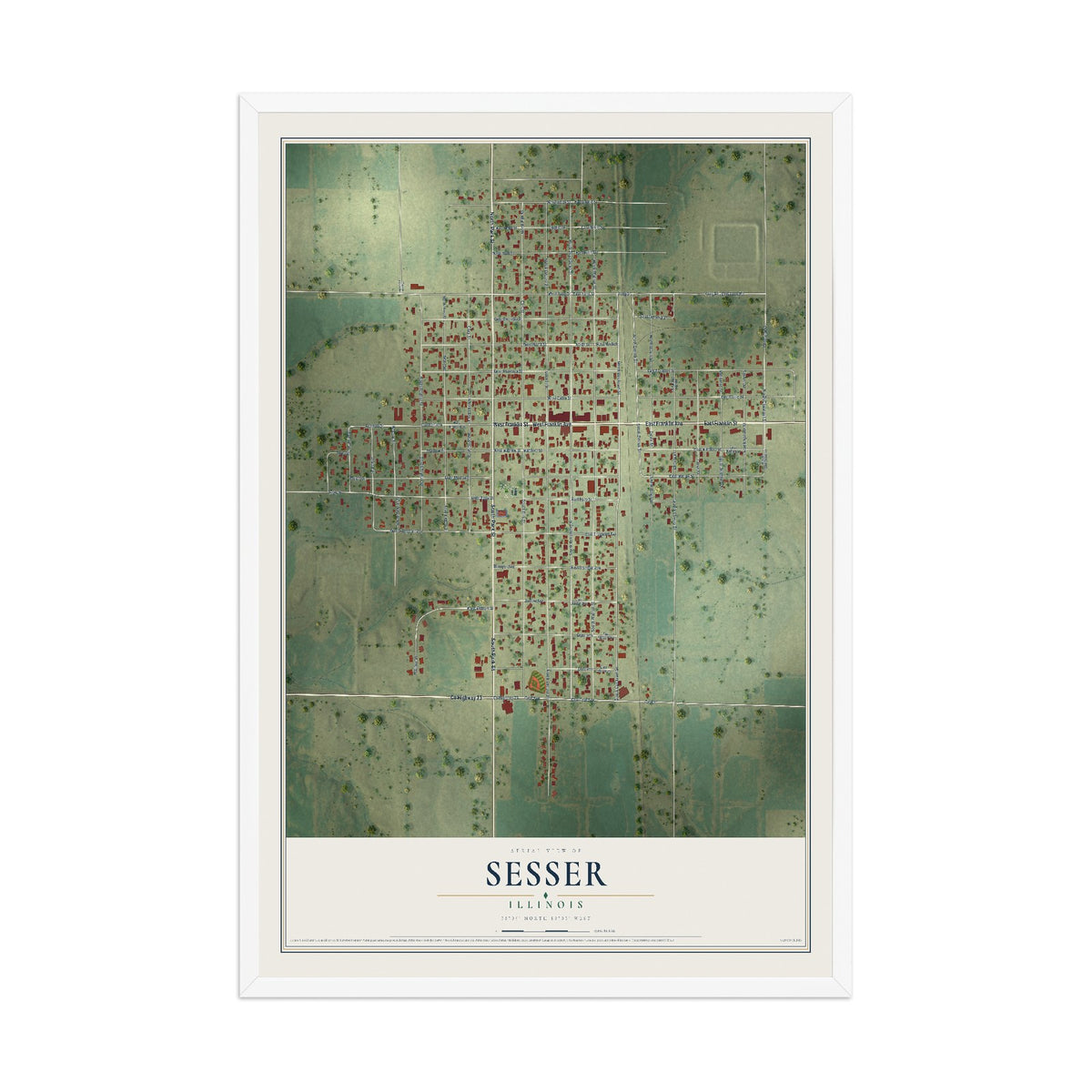 Map of Sesser, Illinois, 12 x 18 inch print in a white wood frame