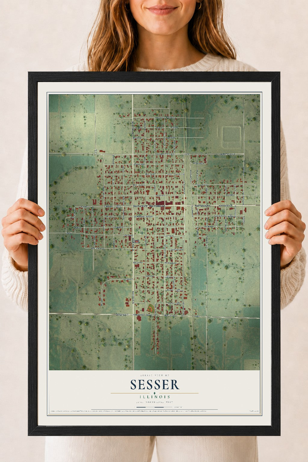Map of Sesser, Illinois, 18 x 24 inch print in a black wood frame