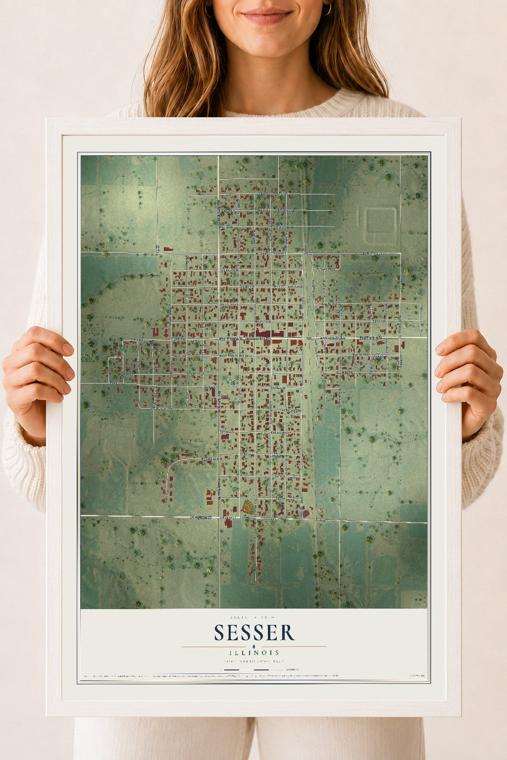 Map of Sesser, Illinois, 18 x 24 inch print in a white wood frame