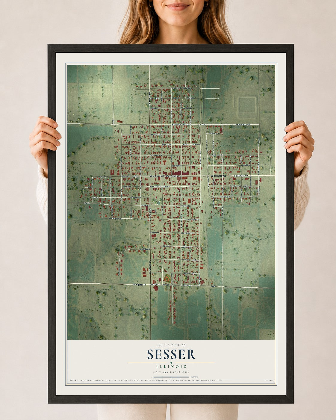 Map of Sesser, Illinois, 24 x 36 inch print in a black wood frame