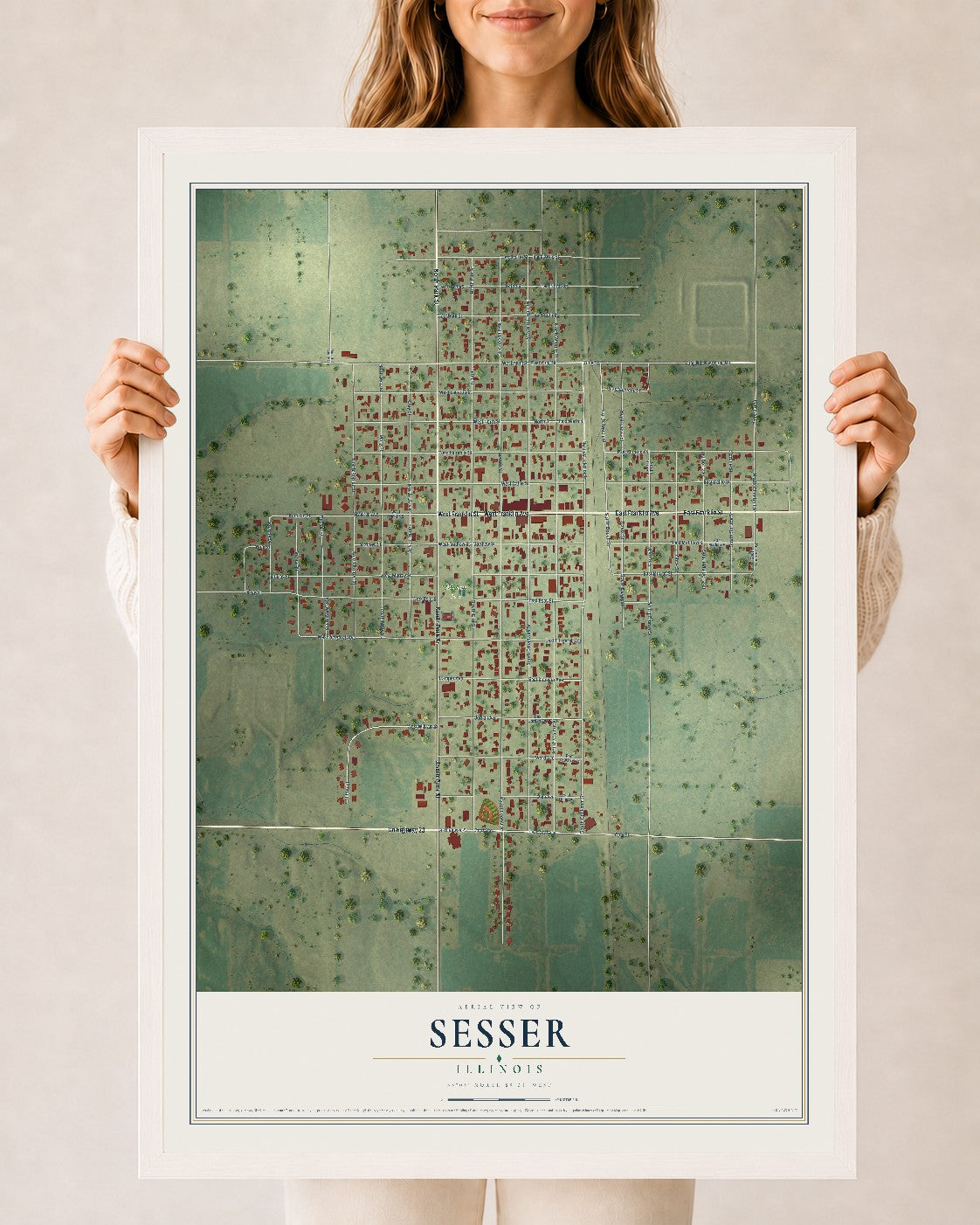 Map of Sesser, Illinois, 24 x 36 inch print in a white wood frame