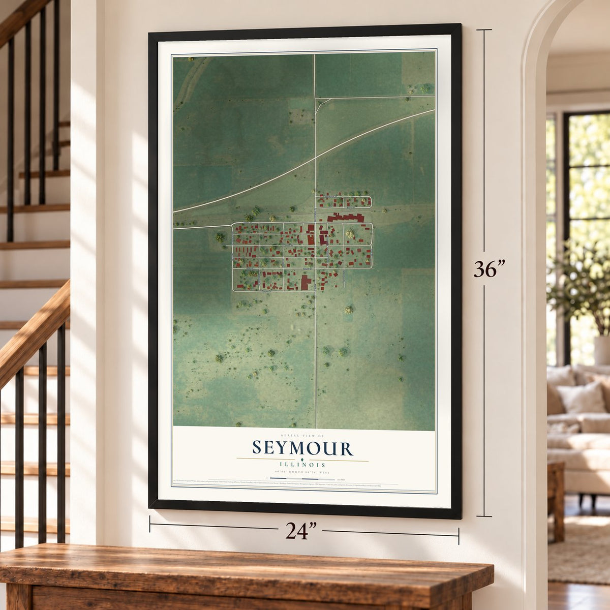 Seymour, Illinois map, 24 x 36 inch print in a black frame by a staircase