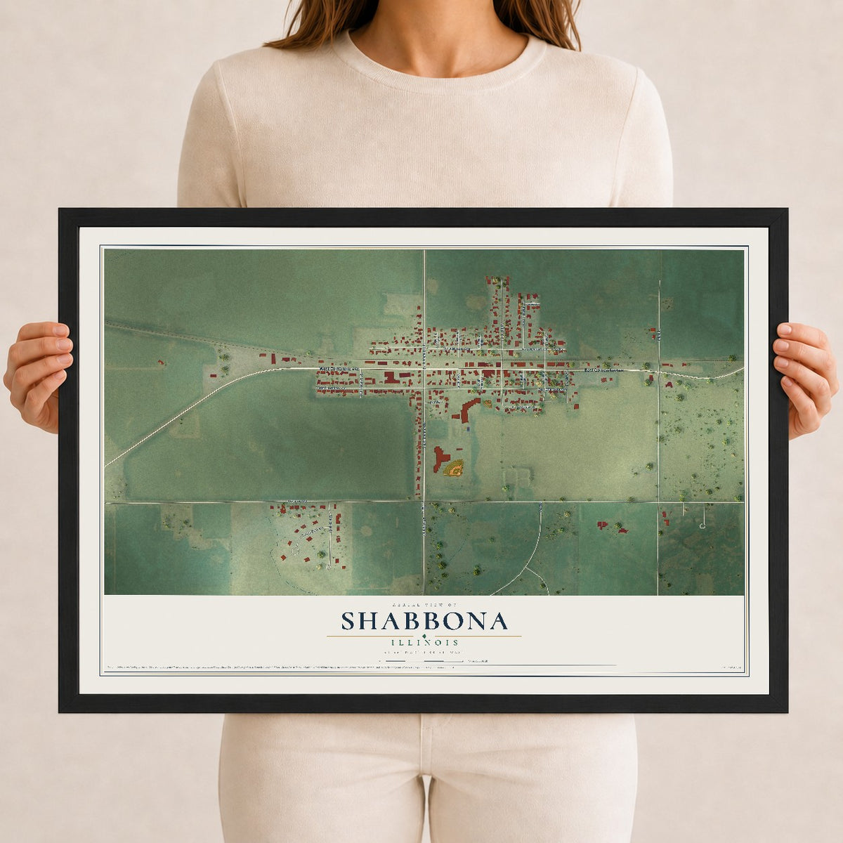 Map of Shabbona, Illinois, 12 x 18 inch print in a black wood frame