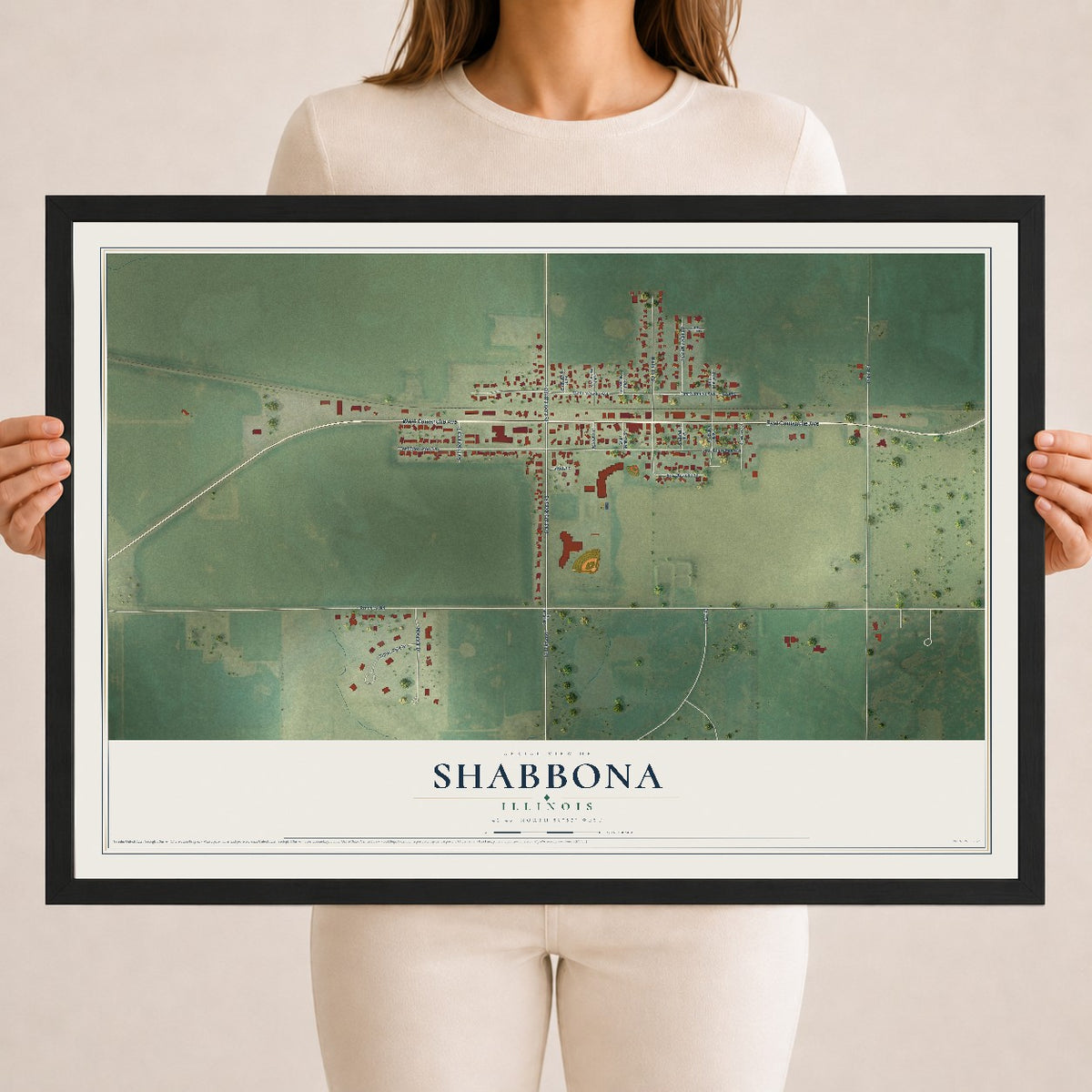 Map of Shabbona, Illinois, 18 x 24 inch print in a black wood frame