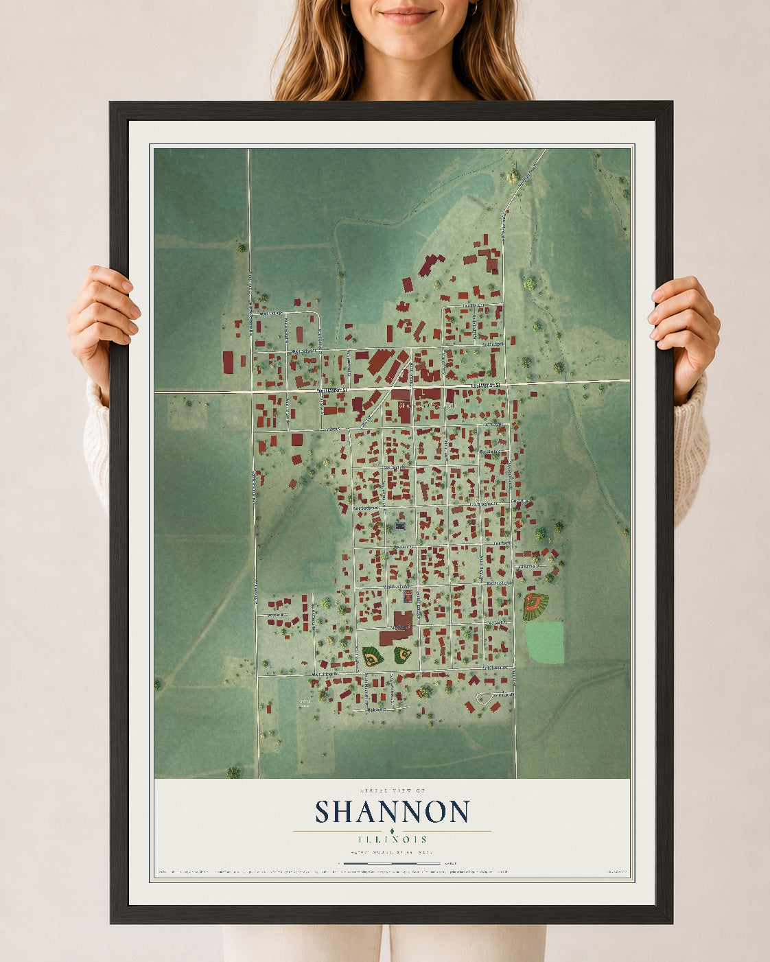 Map of Shannon, Illinois, 24 x 36 inch print in a black wood frame