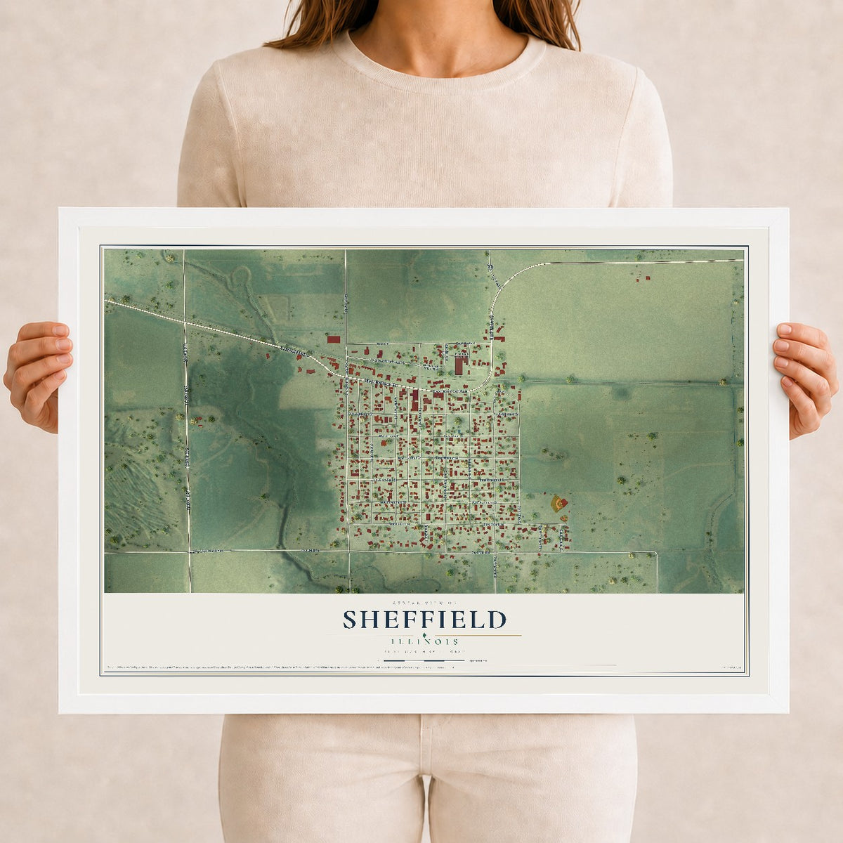 Map of Sheffield, Illinois, 12 x 18 inch print in a white wood frame