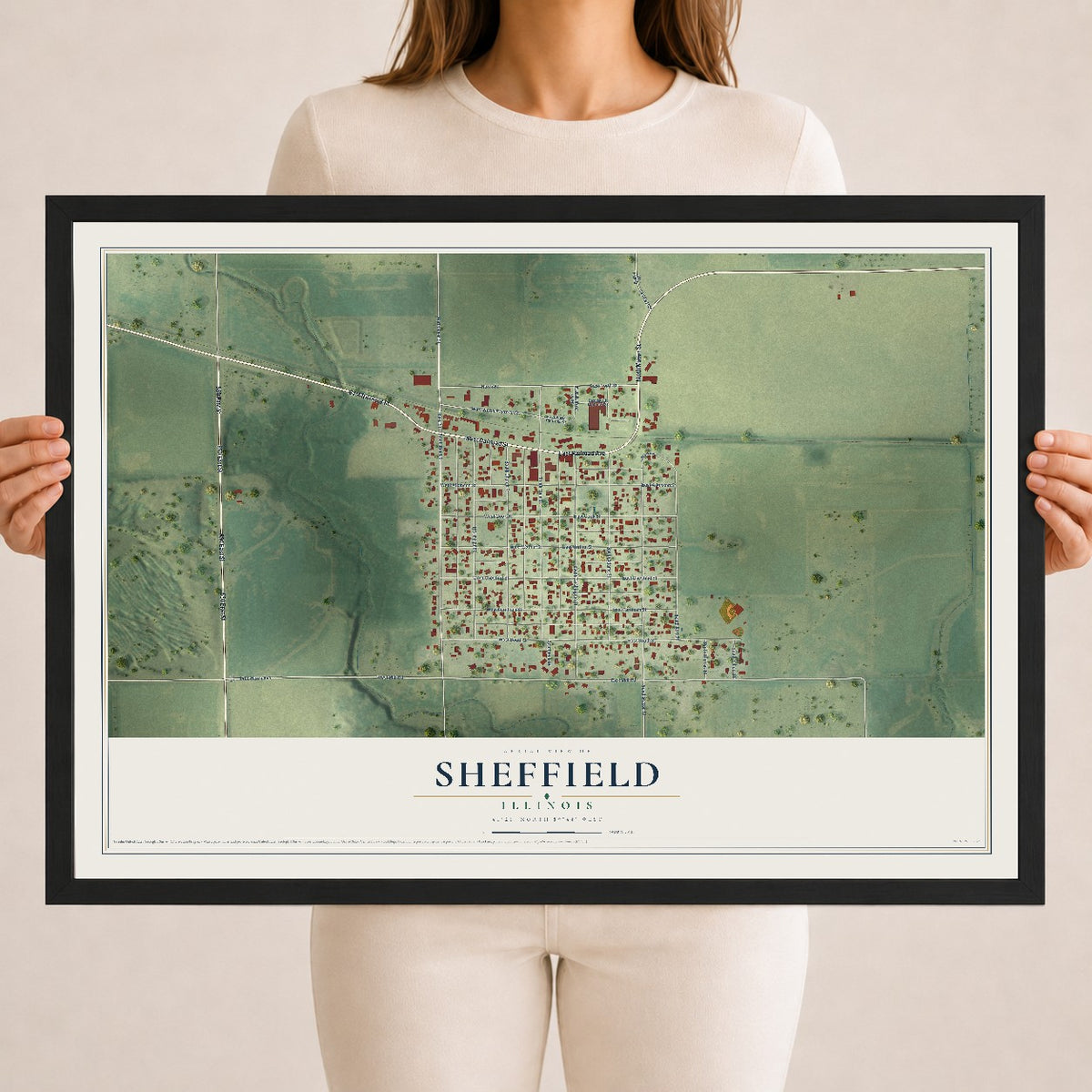 Map of Sheffield, Illinois, 18 x 24 inch print in a black wood frame