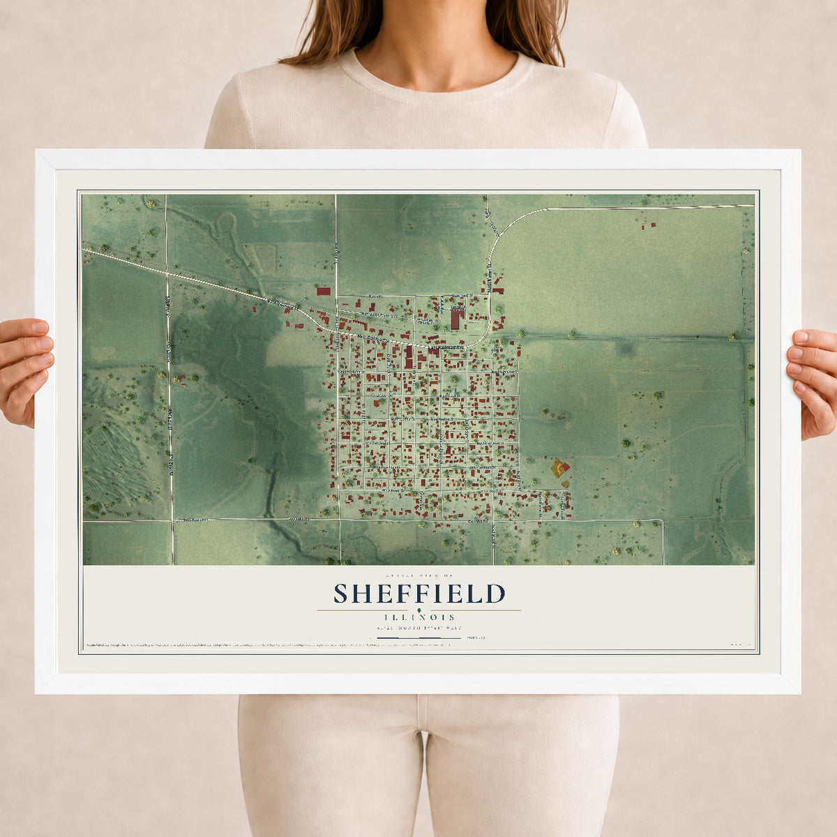 Map of Sheffield, Illinois, 18 x 24 inch print in a white wood frame