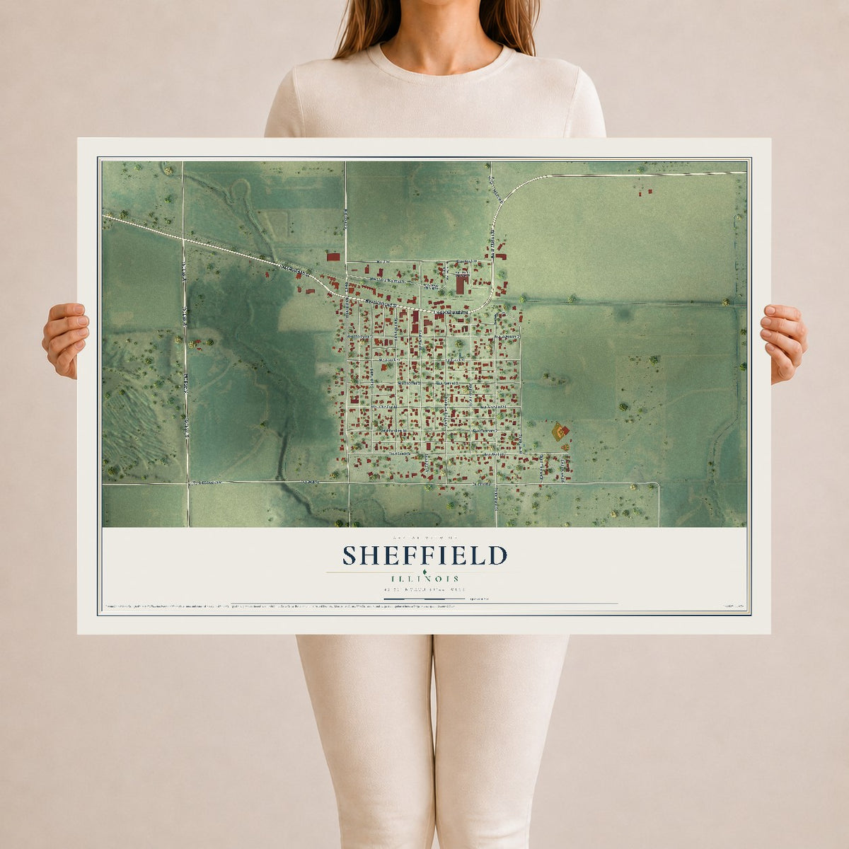 Map of Sheffield, Illinois, 24 x 36 inch unframed archival matte print