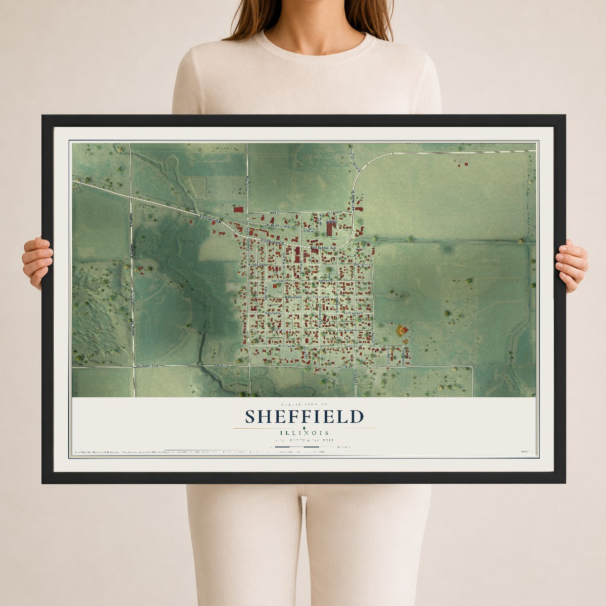 Map of Sheffield, Illinois, 24 x 36 inch print in a black wood frame