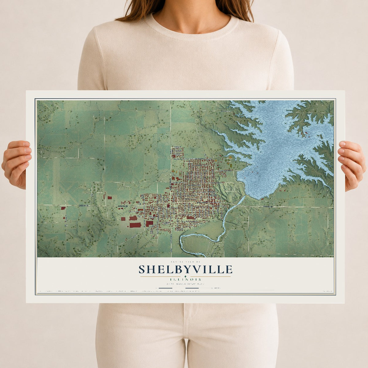 Map of Shelbyville, Illinois, 12 x 18 inch unframed archival matte print