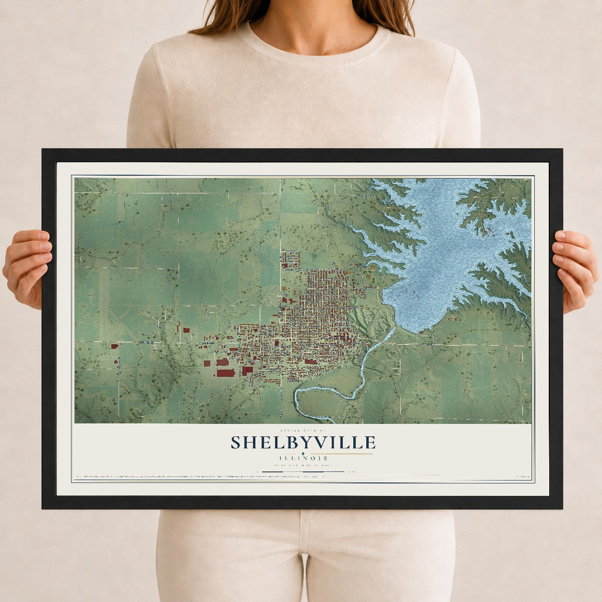 Map of Shelbyville, Illinois, 12 x 18 inch print in a black wood frame