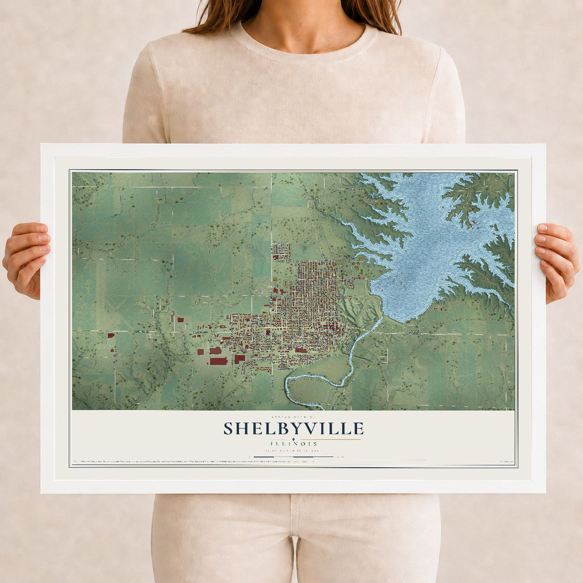 Map of Shelbyville, Illinois, 12 x 18 inch print in a white wood frame