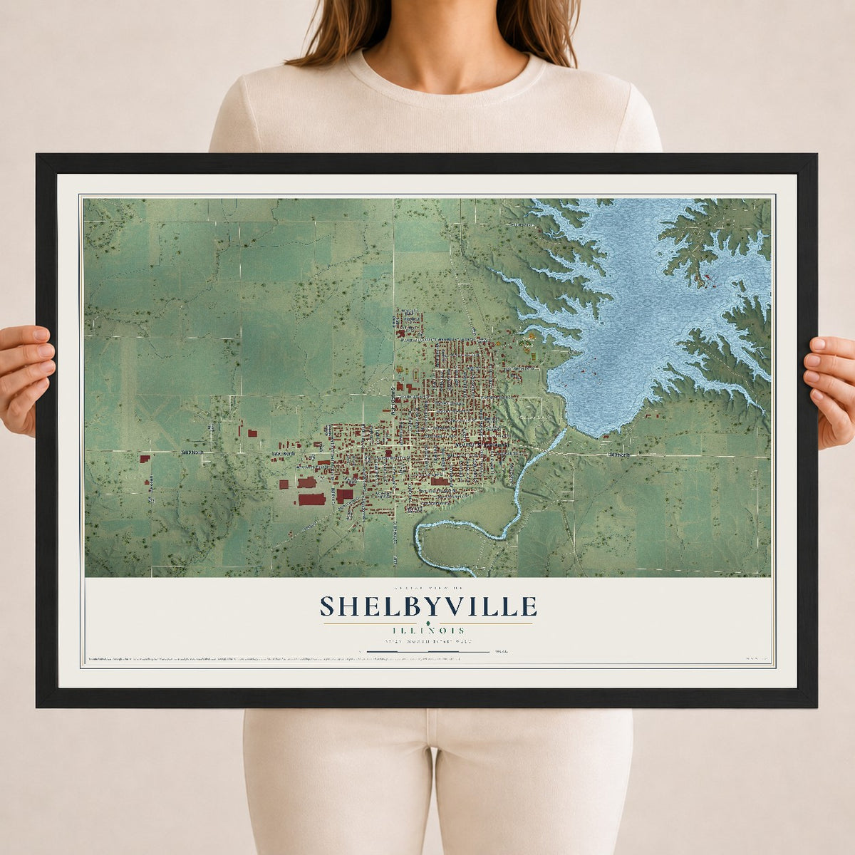 Map of Shelbyville, Illinois, 18 x 24 inch print in a black wood frame