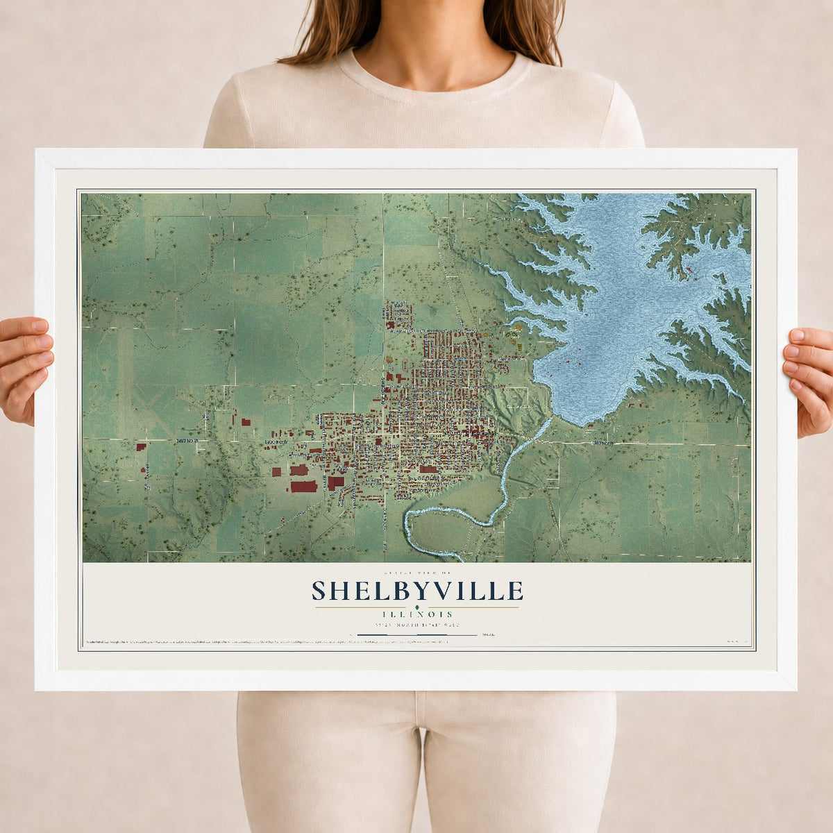 Map of Shelbyville, Illinois, 18 x 24 inch print in a white wood frame