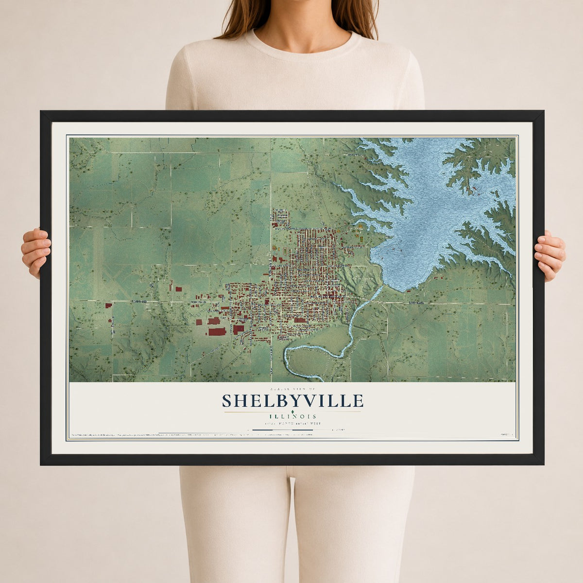 Map of Shelbyville, Illinois, 24 x 36 inch print in a black wood frame