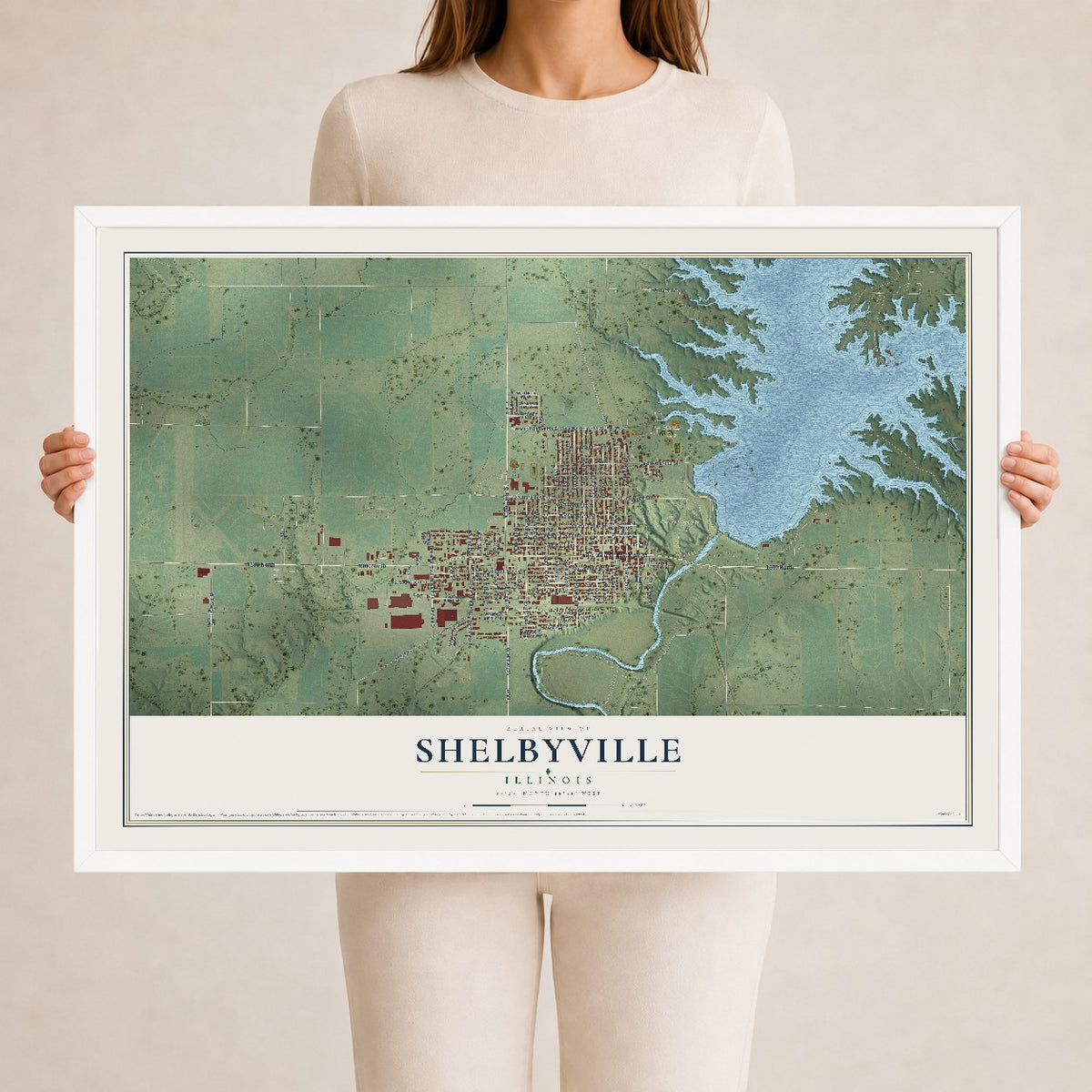 Map of Shelbyville, Illinois, 24 x 36 inch print in a white wood frame