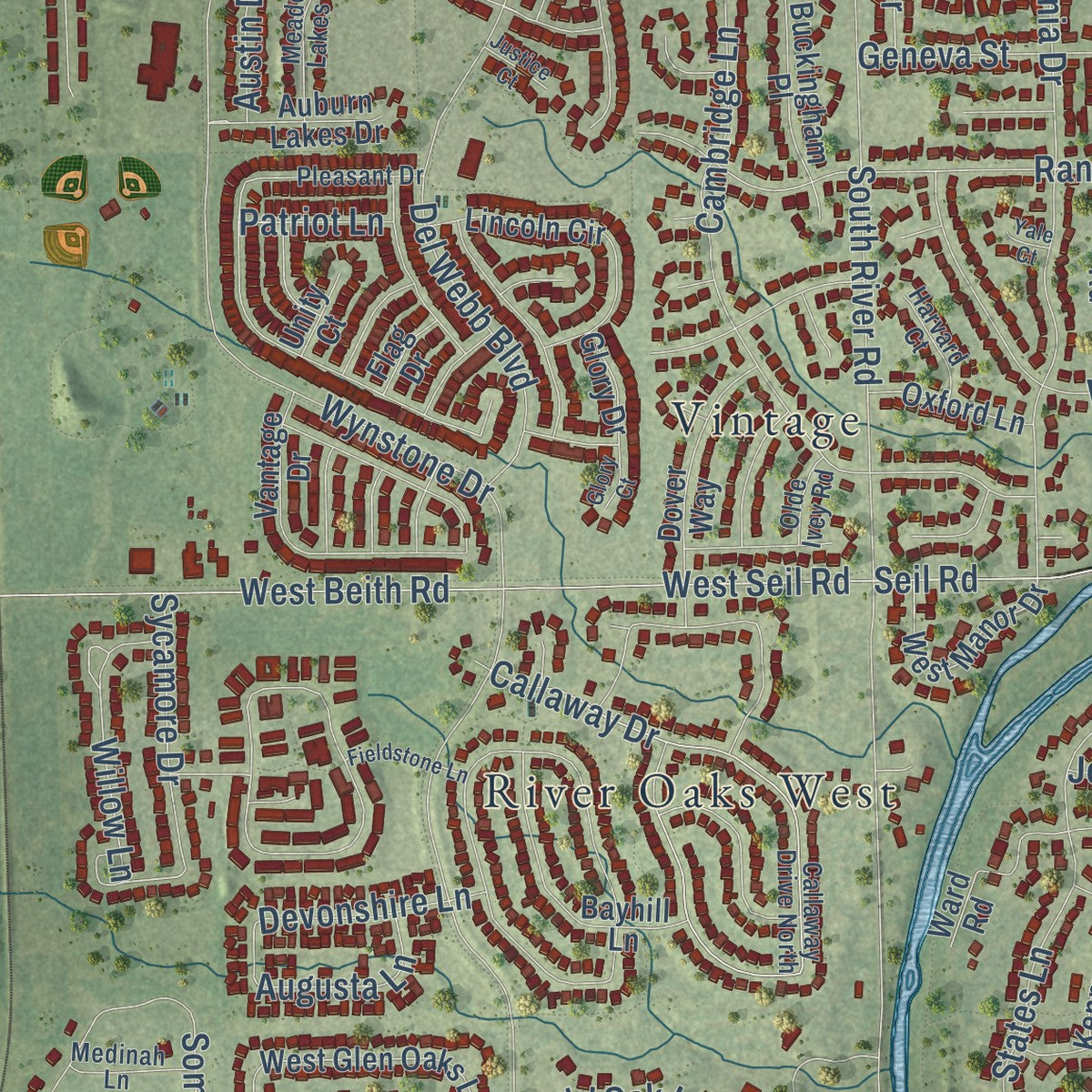 Close-up of the map of Shorewood, Illinois print showing street and building detail