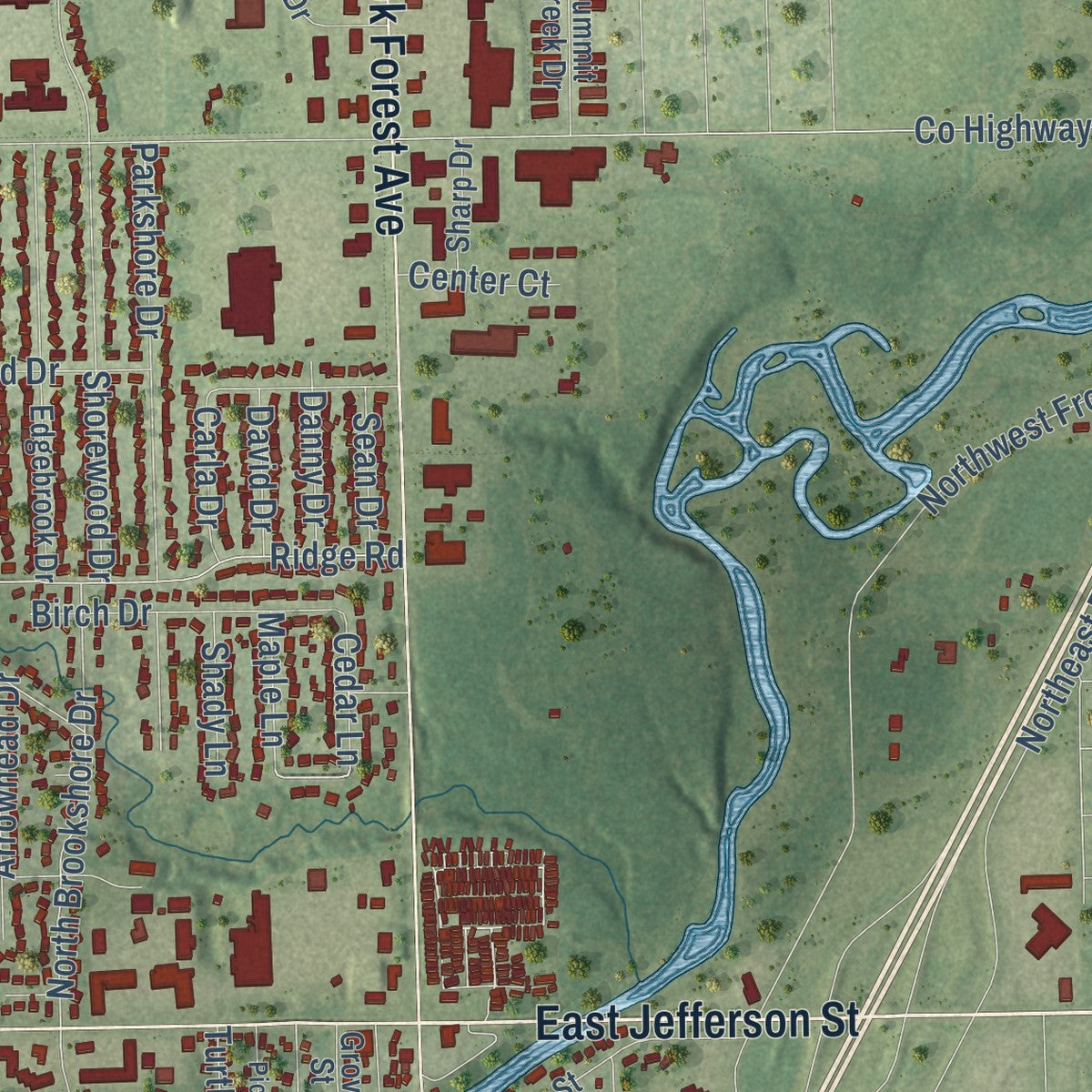 Second close-up of the map of Shorewood, Illinois print showing more streets and buildings