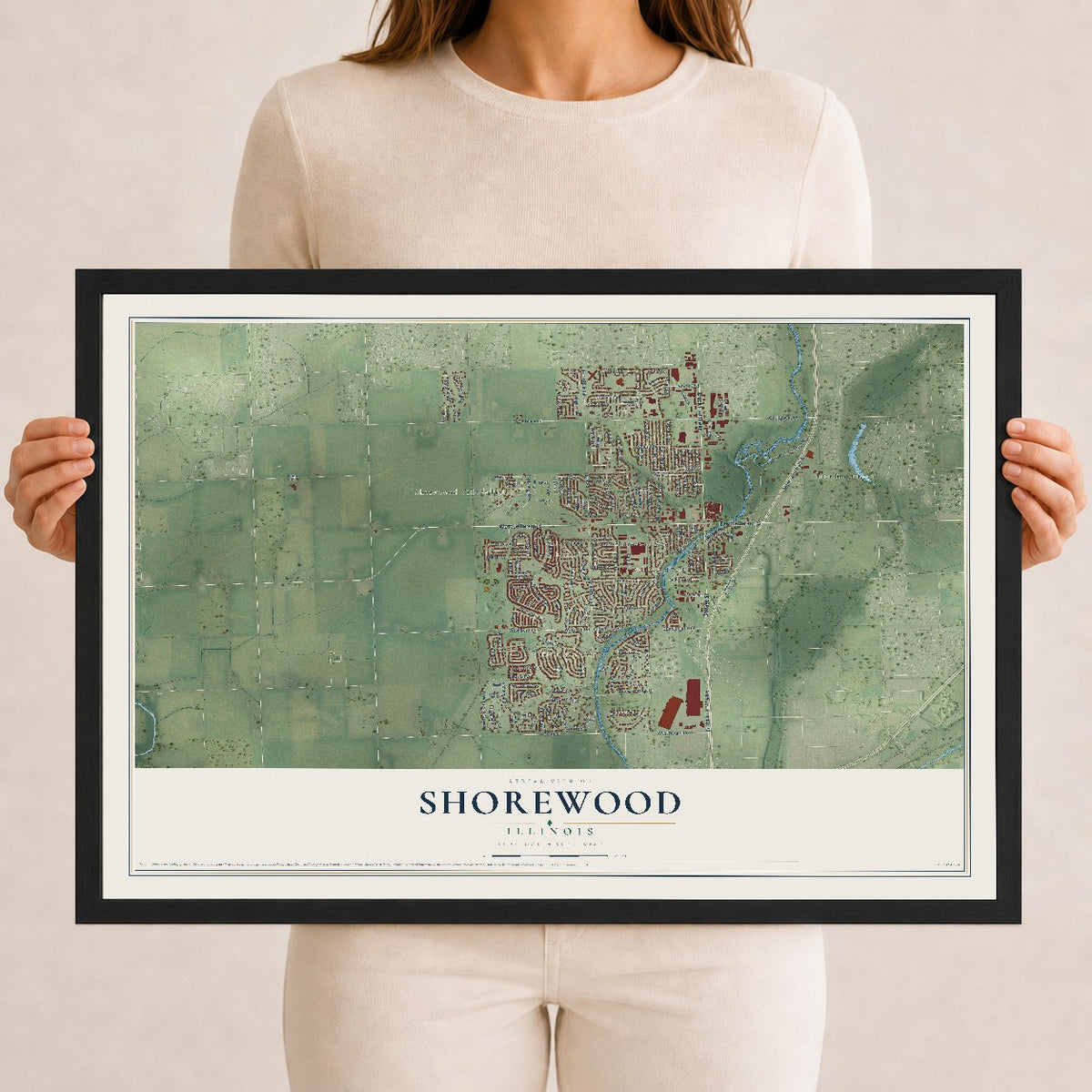 Map of Shorewood, Illinois, 12 x 18 inch print in a black wood frame