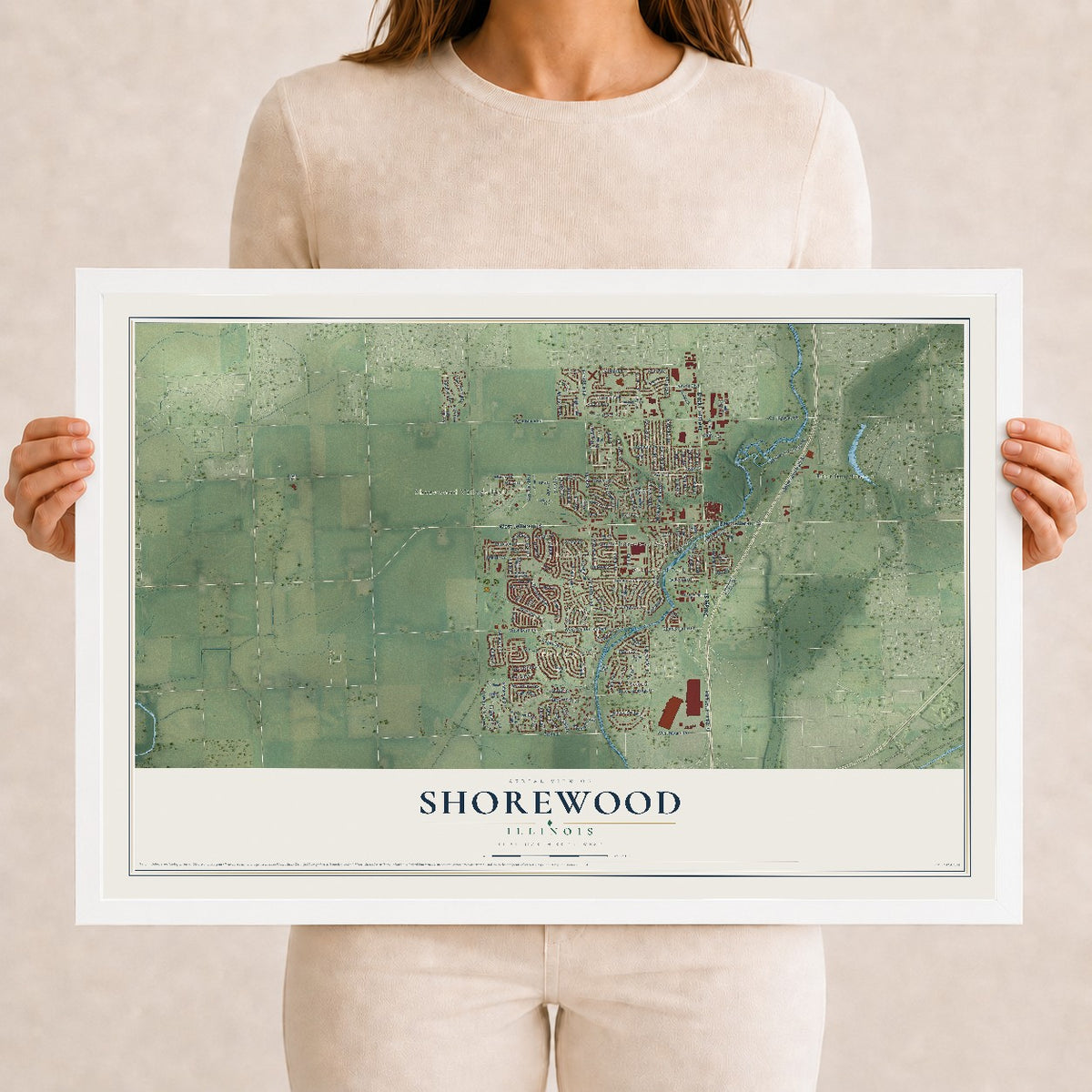 Map of Shorewood, Illinois, 12 x 18 inch print in a white wood frame