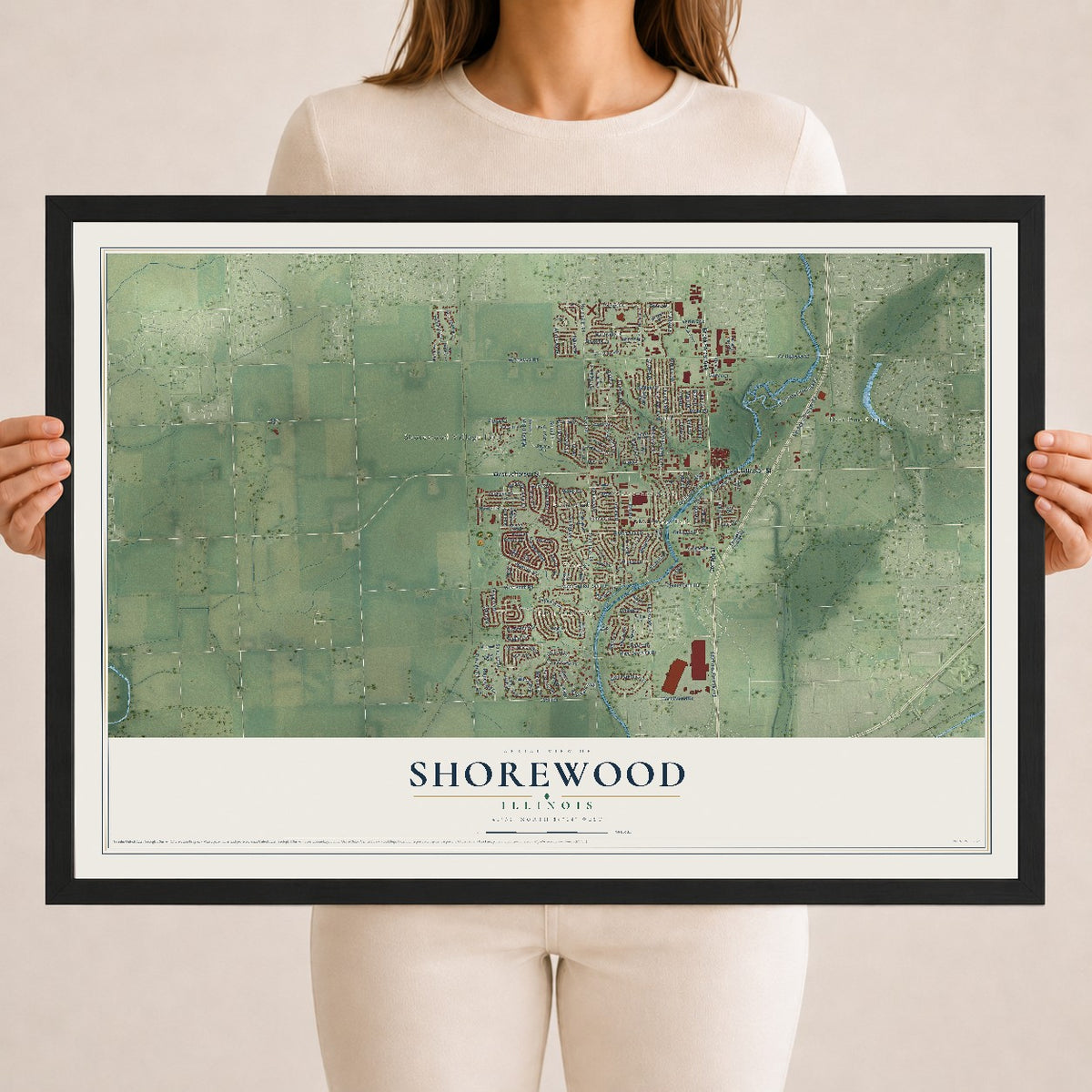 Map of Shorewood, Illinois, 18 x 24 inch print in a black wood frame