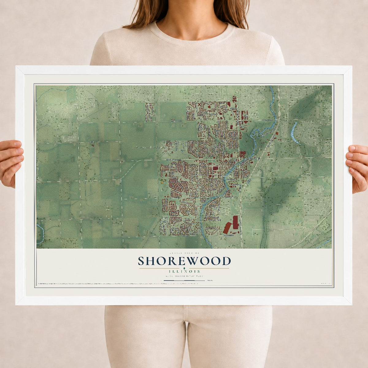 Map of Shorewood, Illinois, 18 x 24 inch print in a white wood frame