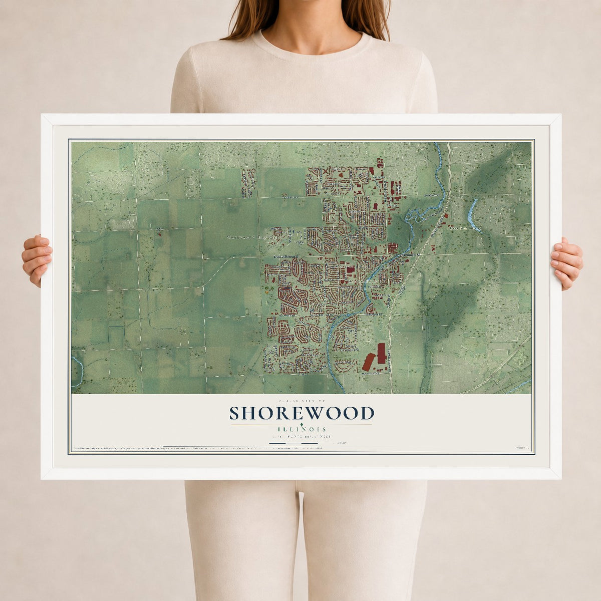 Map of Shorewood, Illinois, 24 x 36 inch print in a white wood frame