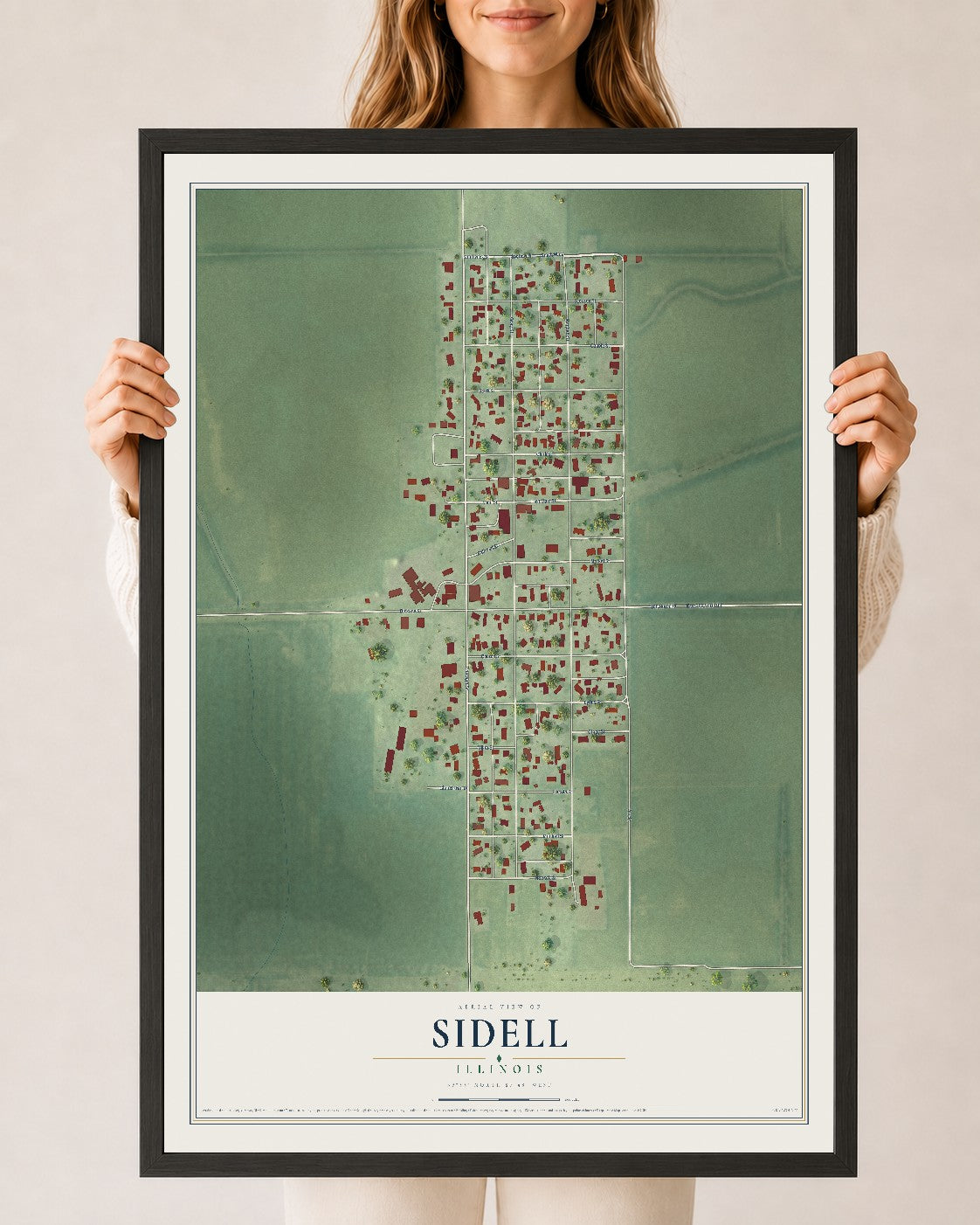 Map of Sidell, Illinois, 24 x 36 inch print in a black wood frame
