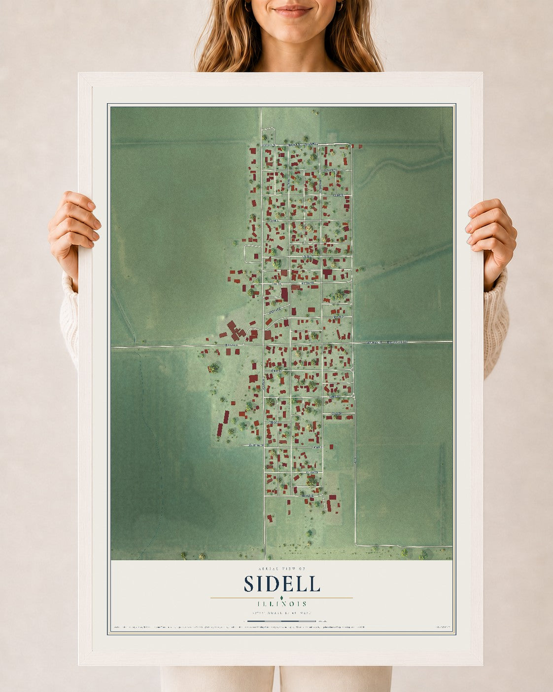 Map of Sidell, Illinois, 24 x 36 inch print in a white wood frame
