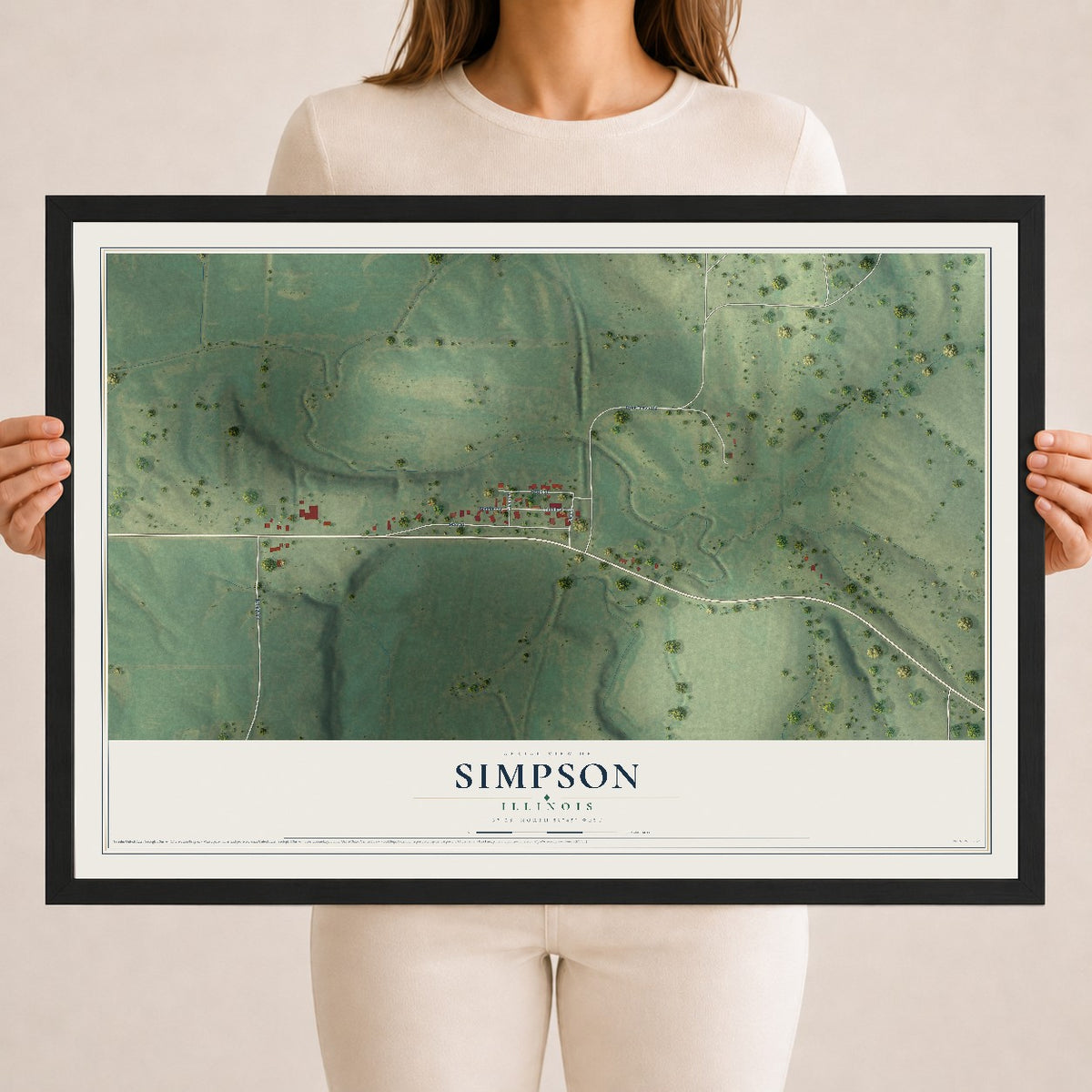 Map of Simpson, Illinois, 18 x 24 inch print in a black wood frame