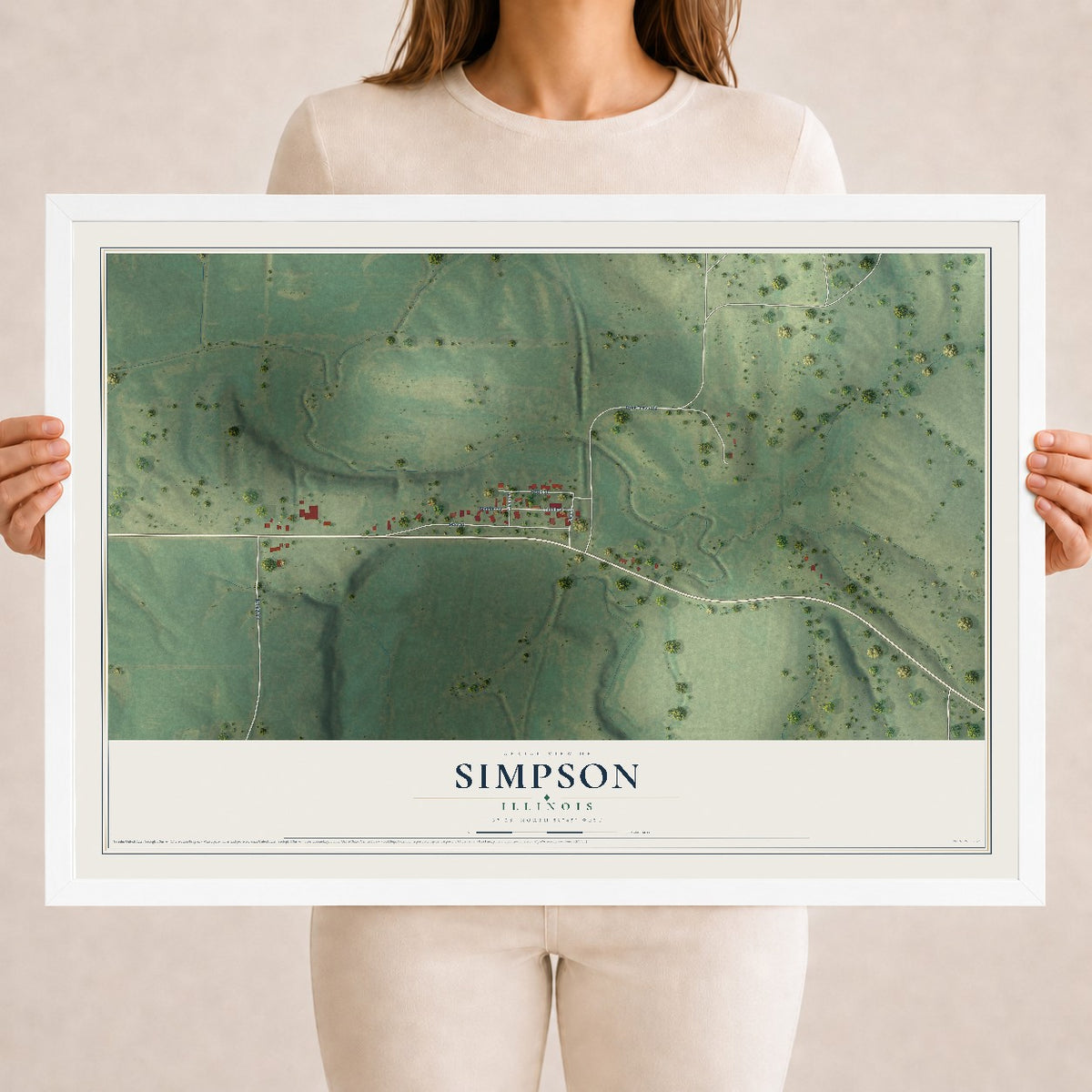 Map of Simpson, Illinois, 18 x 24 inch print in a white wood frame