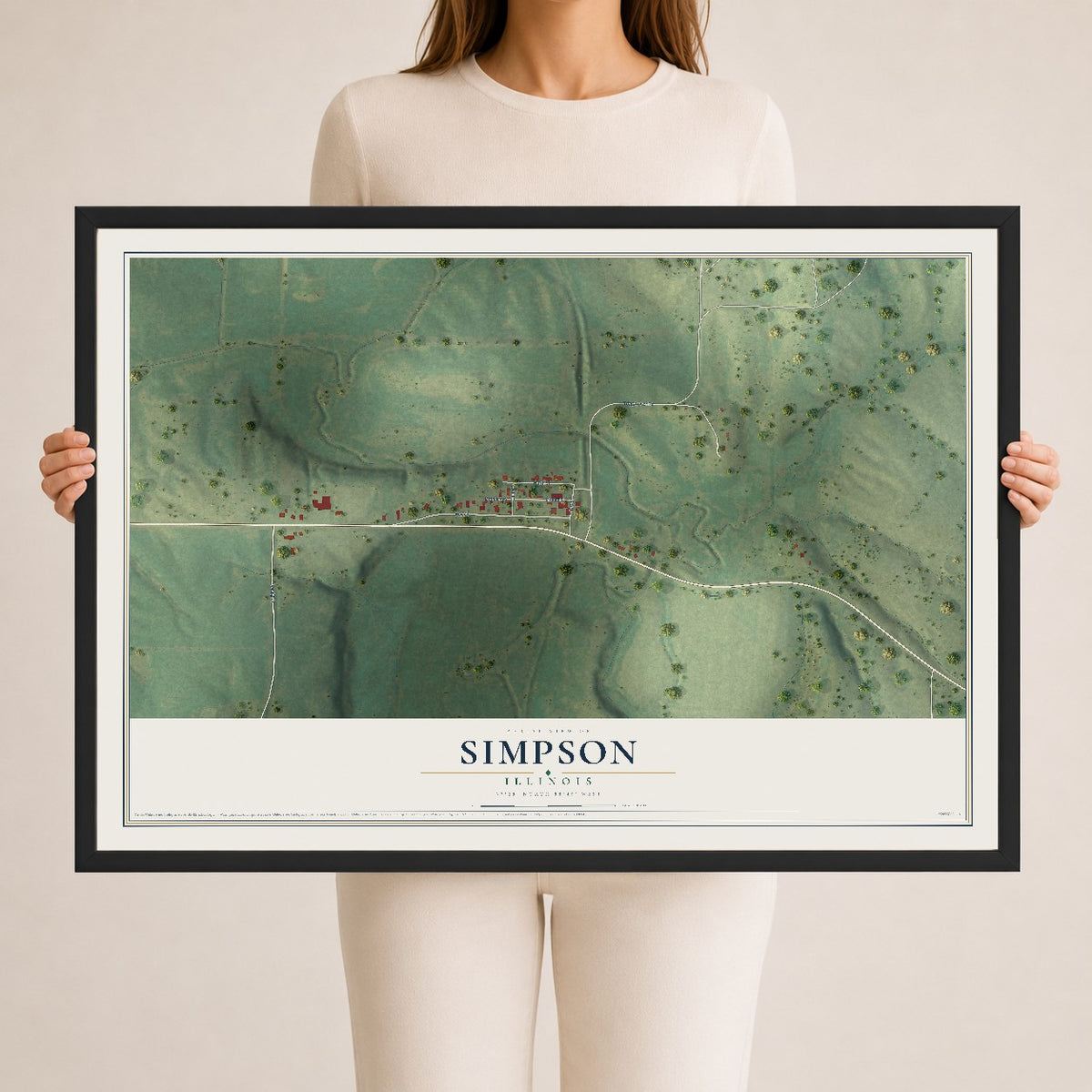 Map of Simpson, Illinois, 24 x 36 inch print in a black wood frame