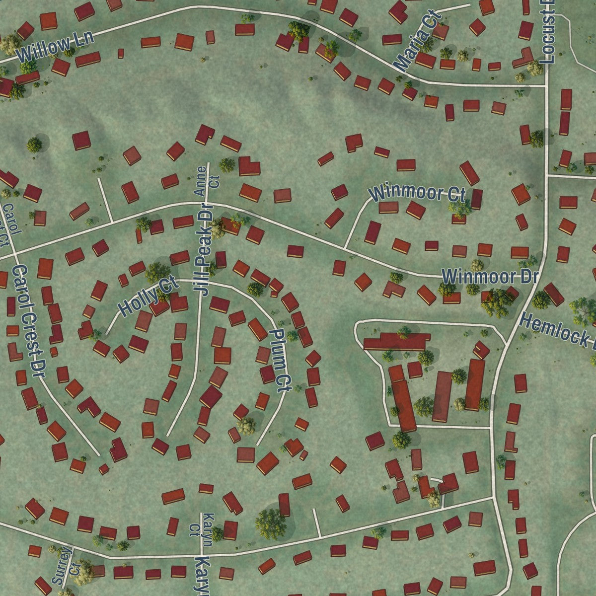 Close-up of the map of Sleepy Hollow, Illinois print showing street and building detail