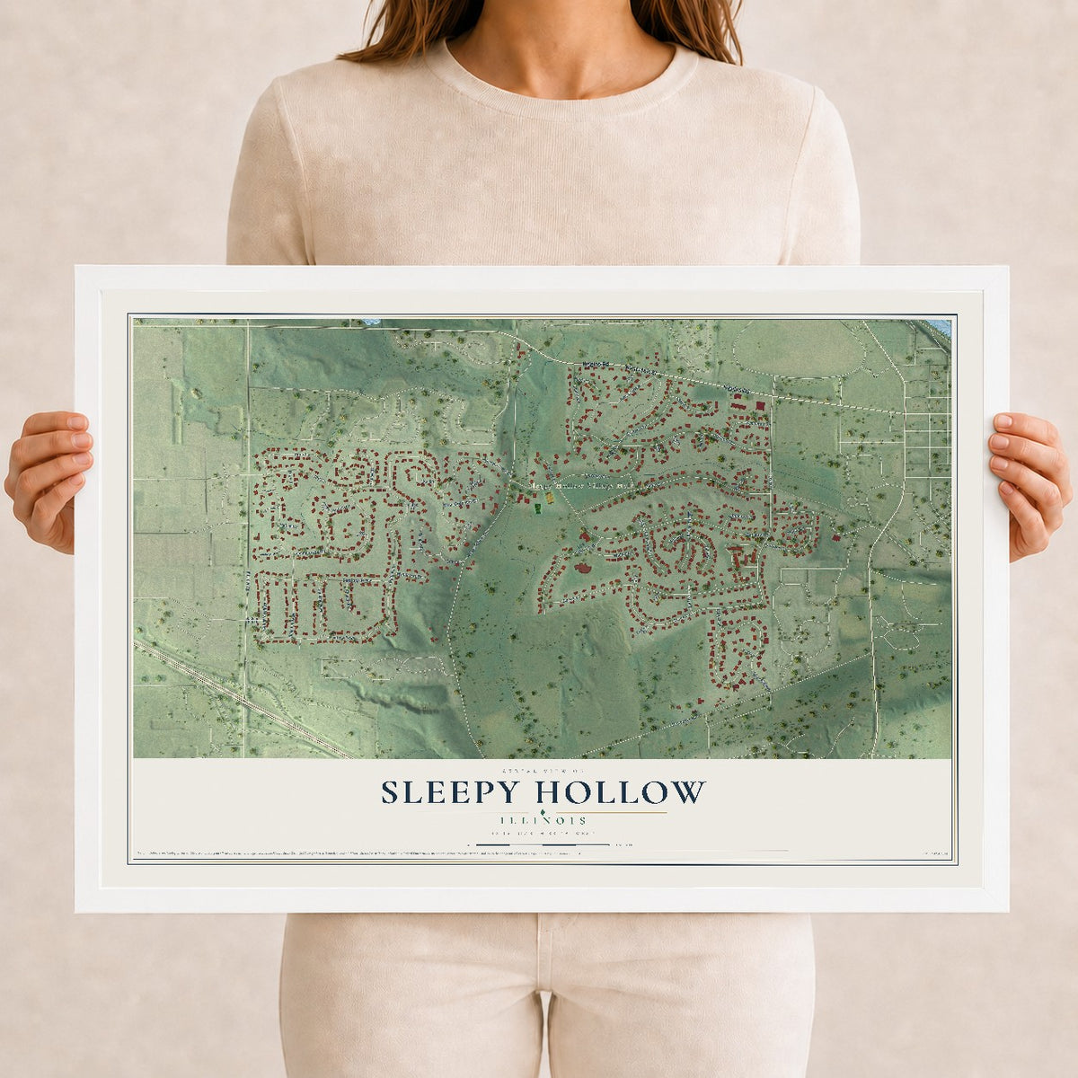 Map of Sleepy Hollow, Illinois, 12 x 18 inch print in a white wood frame