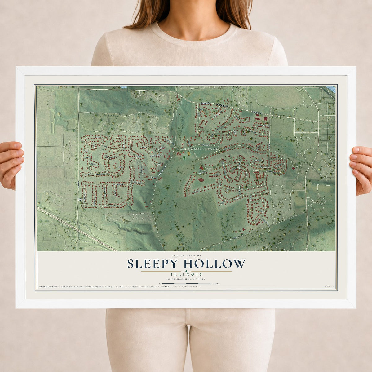 Map of Sleepy Hollow, Illinois, 18 x 24 inch print in a white wood frame